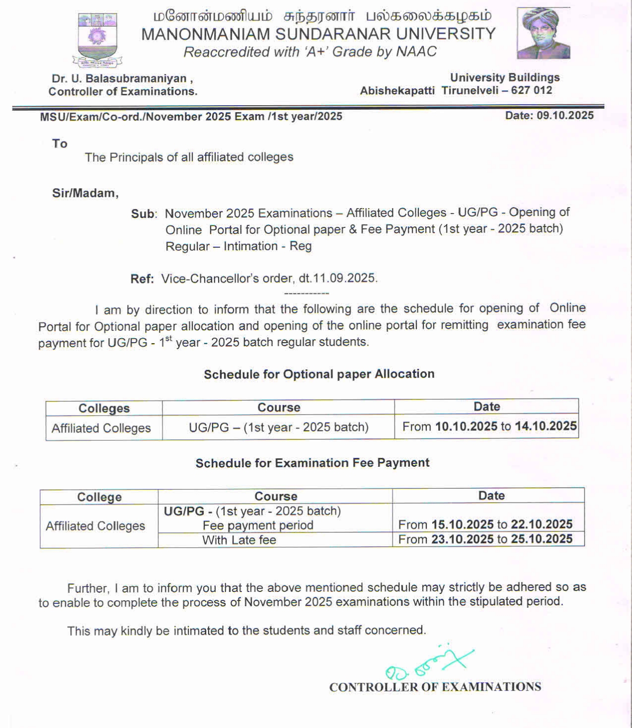 NOVEMBER 2025 EXAMINATION FEE PAYMENT FOR 1ST YEAR STUDENTS